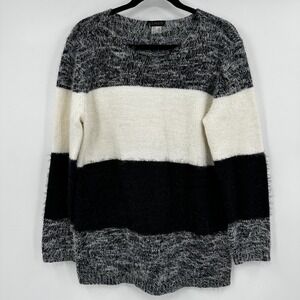 Venus Womens Colorblock Eyelash Knit Striped Sweater Black White Grey Medium
